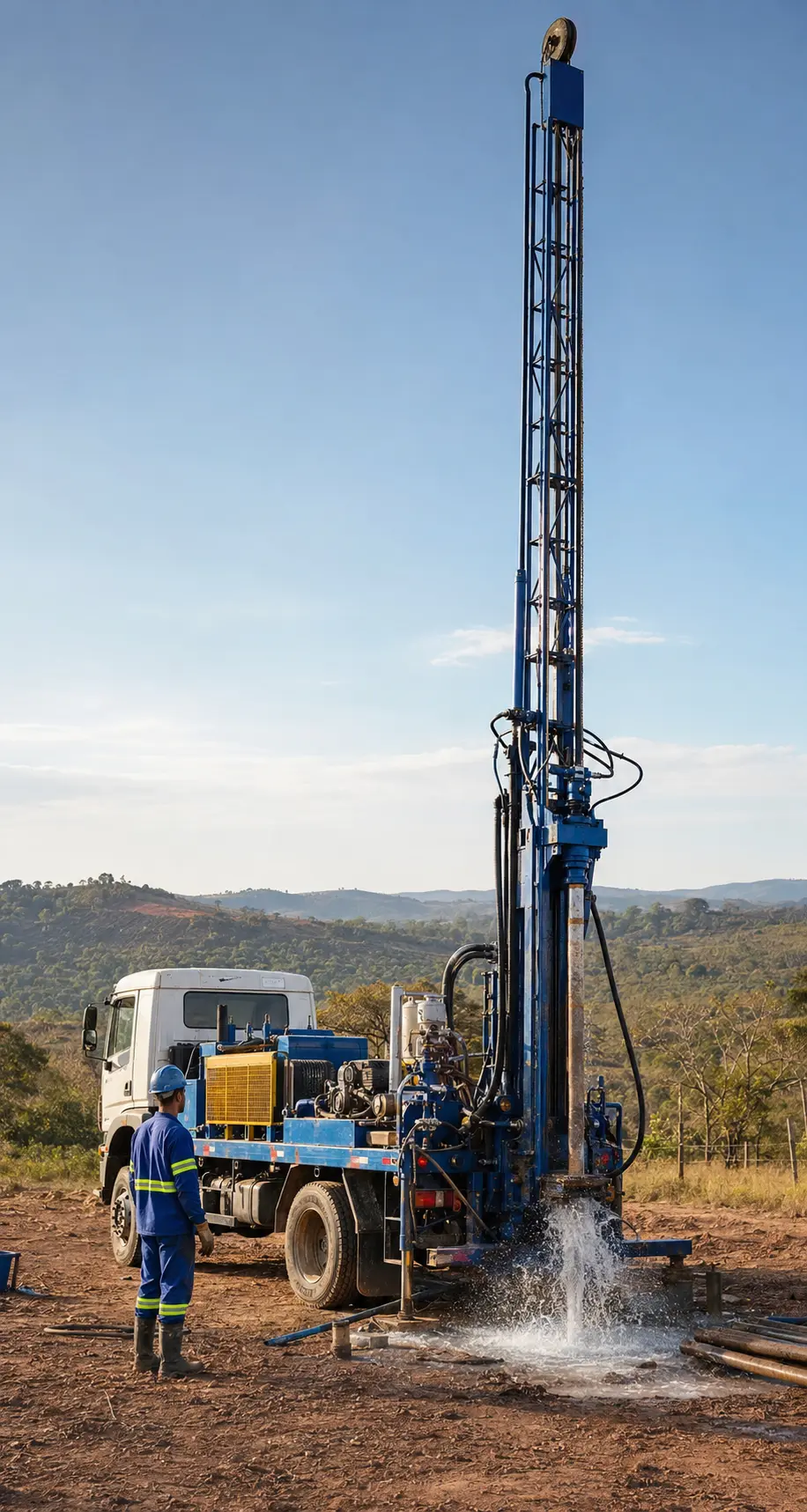 Caminhão e torre de perfuração de poço artesiano em operação, com técnico em campo